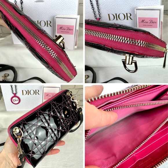CHRISTIAN DIOR black patent zip around wallet on chain crossbody with pe… - Picture 6 of 16